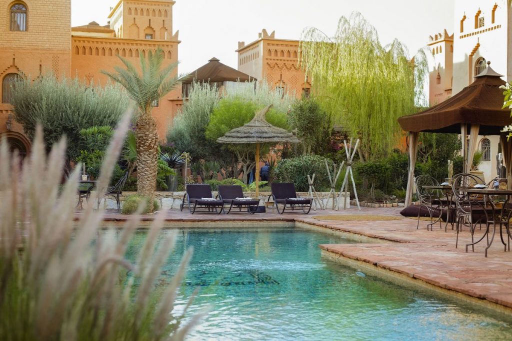 The beautiful pool and lounge area at our hotel in Ait Benhaddou.